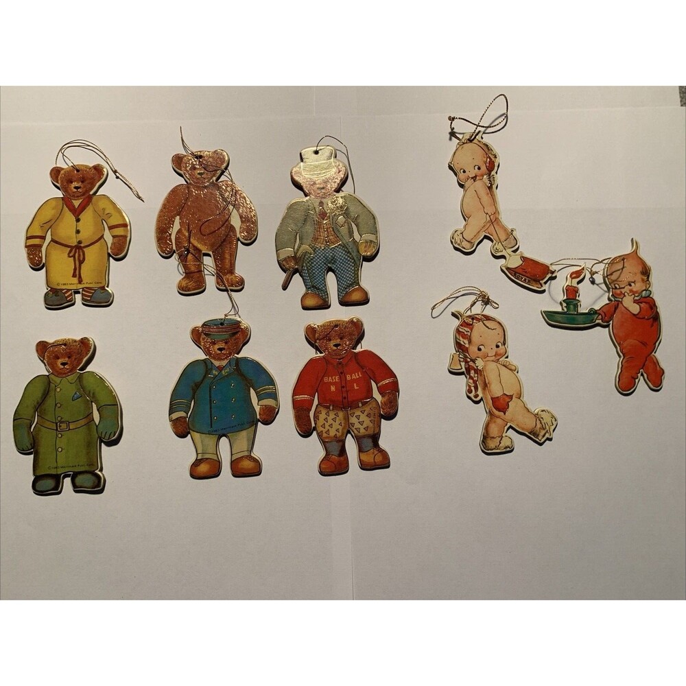 Vintage 1983 Merrimack 6 Bears and 3 Kewpie Die Cut Gold Foil Ornaments